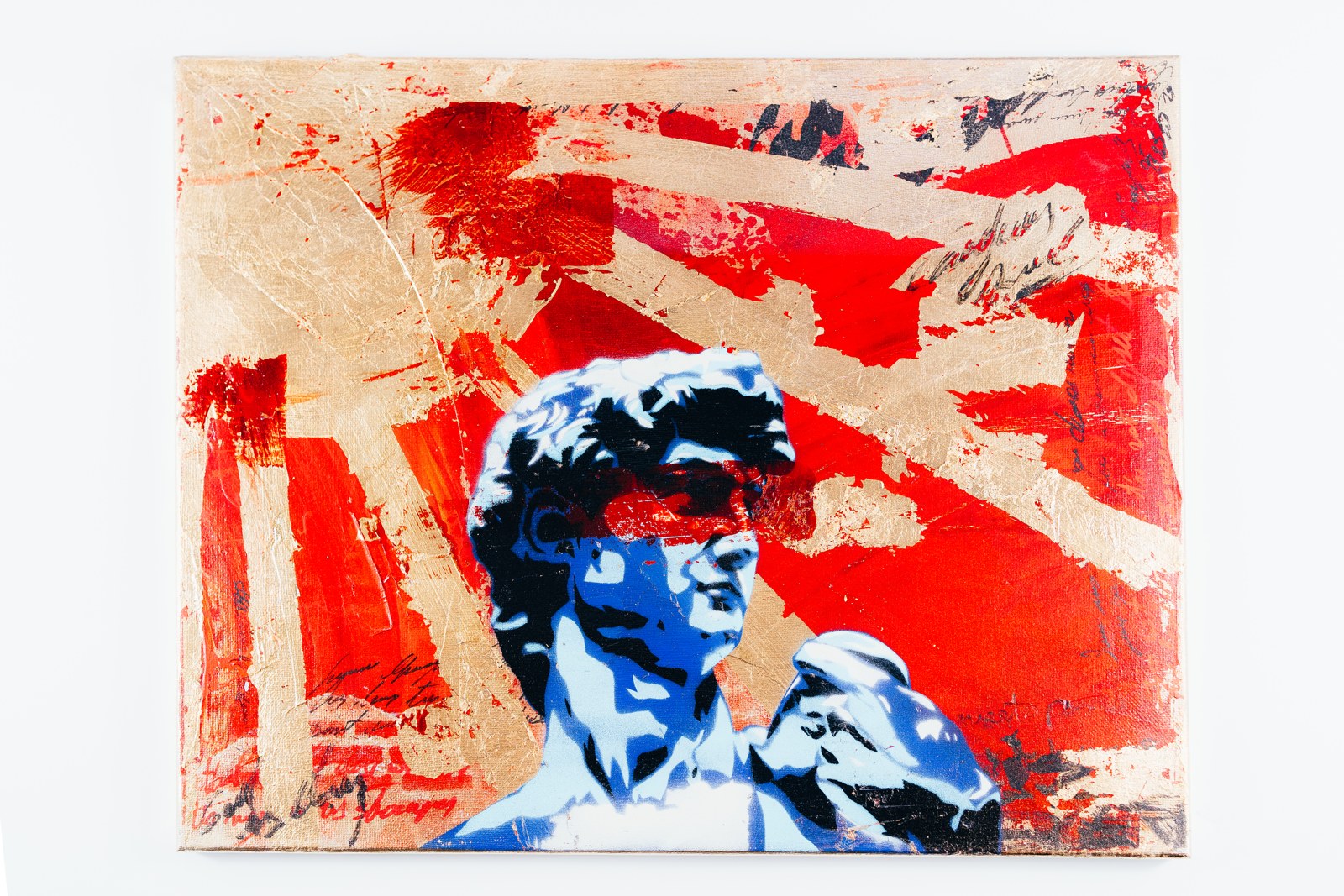 David with a red band across his eyes, an original painting by Hernán González, photographed by Paula